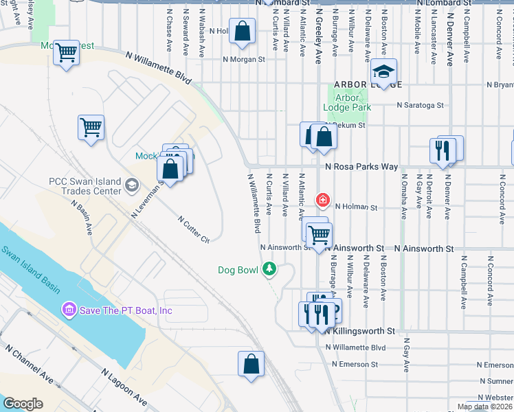 map of restaurants, bars, coffee shops, grocery stores, and more near N Willamette Blvd & N Holman St in Portland