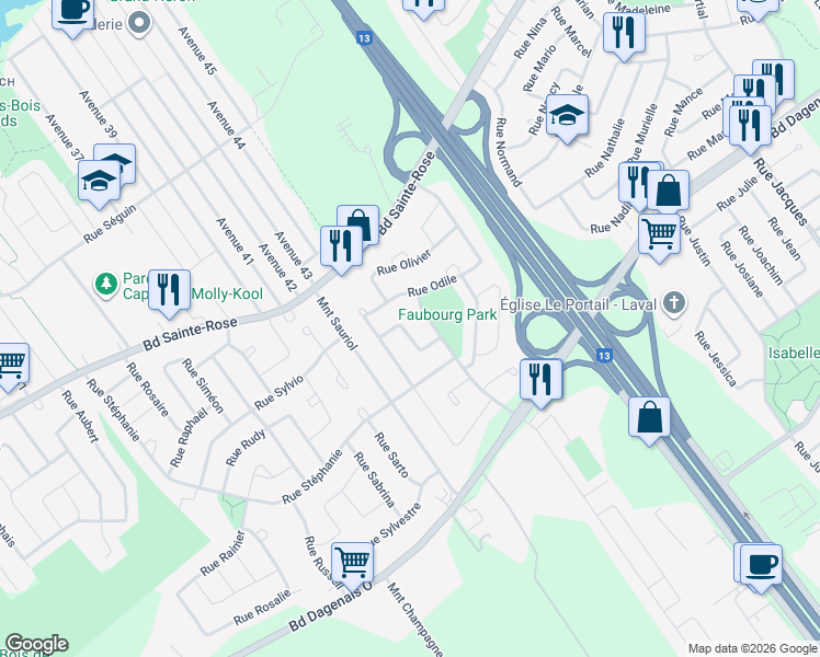map of restaurants, bars, coffee shops, grocery stores, and more near 4053 Rue Odélia in Laval