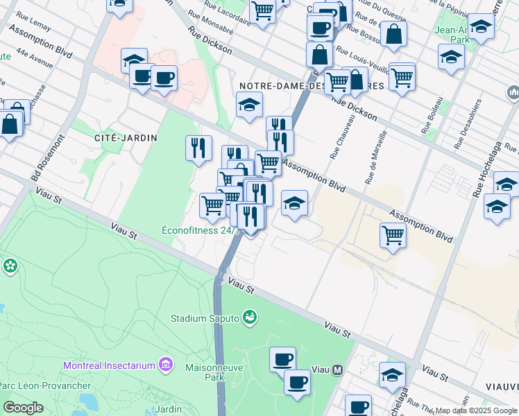 map of restaurants, bars, coffee shops, grocery stores, and more near 5300 Rue Sherbrooke Est in Montréal