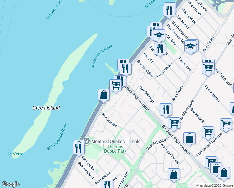 map of restaurants, bars, coffee shops, grocery stores, and more near 1754 Boulevard Marie-Victorin in Longueuil
