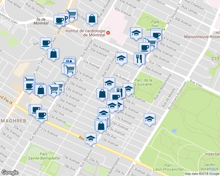 map of restaurants, bars, coffee shops, grocery stores, and more near 6614 31e Avenue in Montréal