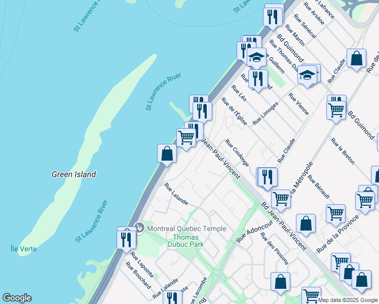 map of restaurants, bars, coffee shops, grocery stores, and more near 1754 Boulevard Marie-Victorin in Longueuil