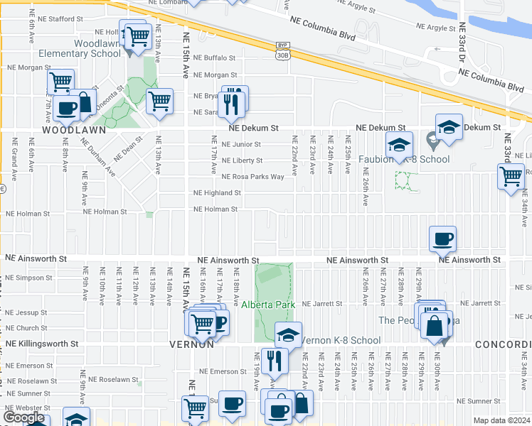 map of restaurants, bars, coffee shops, grocery stores, and more near 2010 Northeast Holman Street in Portland