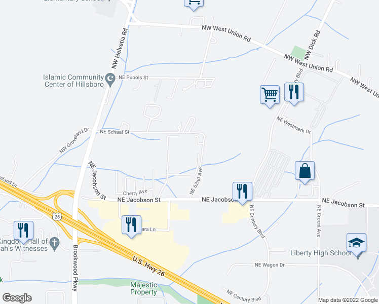 map of restaurants, bars, coffee shops, grocery stores, and more near 6675 Northeast 62nd Avenue in Hillsboro