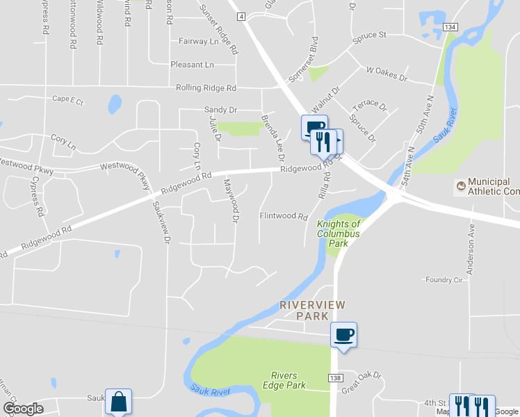 map of restaurants, bars, coffee shops, grocery stores, and more near 852 Driftwood Drive in Saint Cloud