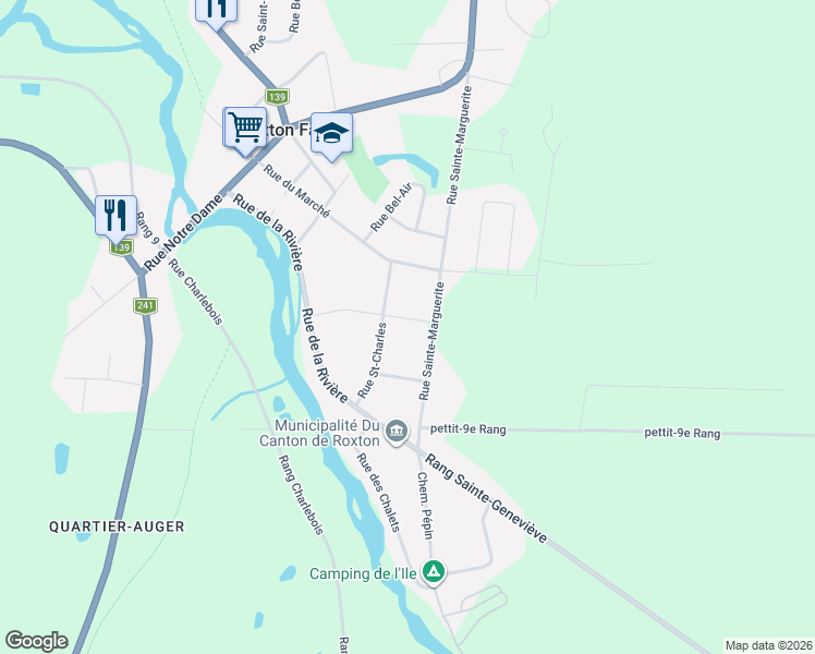map of restaurants, bars, coffee shops, grocery stores, and more near 168 Rue Saint-Joseph in Roxton Falls