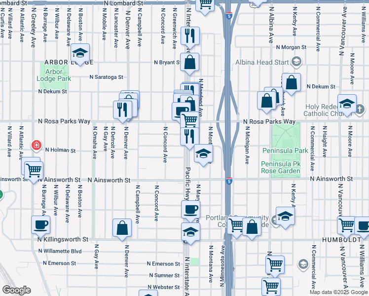 map of restaurants, bars, coffee shops, grocery stores, and more near 6228 North Interstate Avenue in Portland