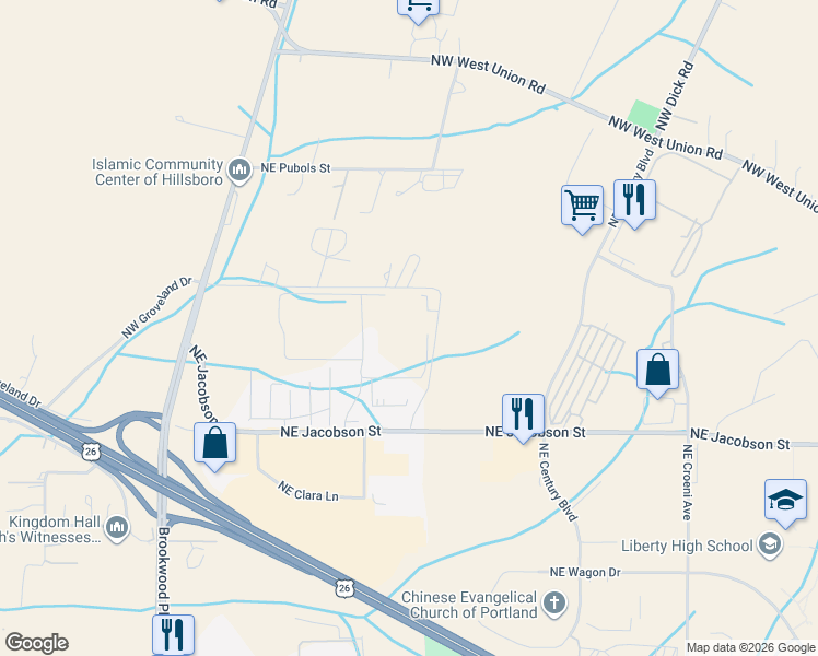 map of restaurants, bars, coffee shops, grocery stores, and more near 23305 Northwest Schaff Road in Hillsboro