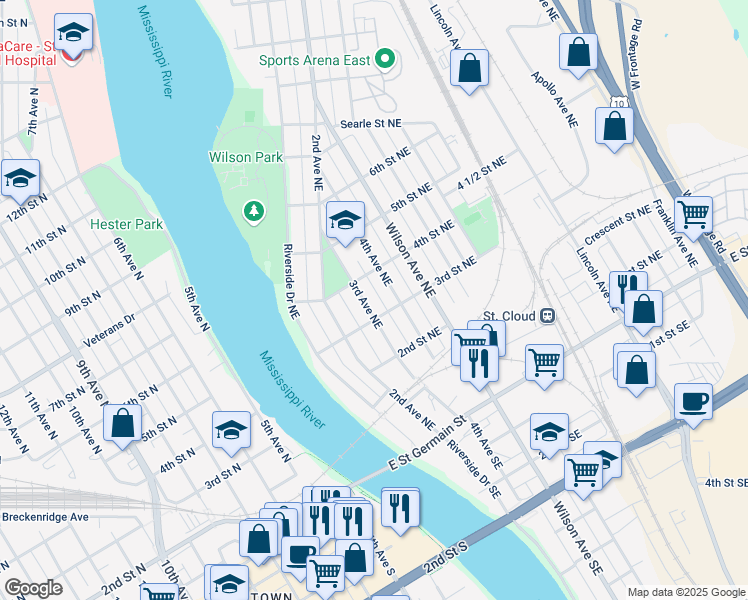 map of restaurants, bars, coffee shops, grocery stores, and more near 320 3rd Avenue Northeast in St. Cloud
