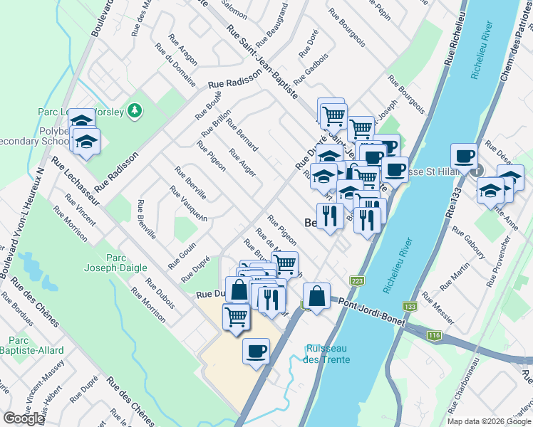 map of restaurants, bars, coffee shops, grocery stores, and more near 312 Rue Pigeon in Beloeil