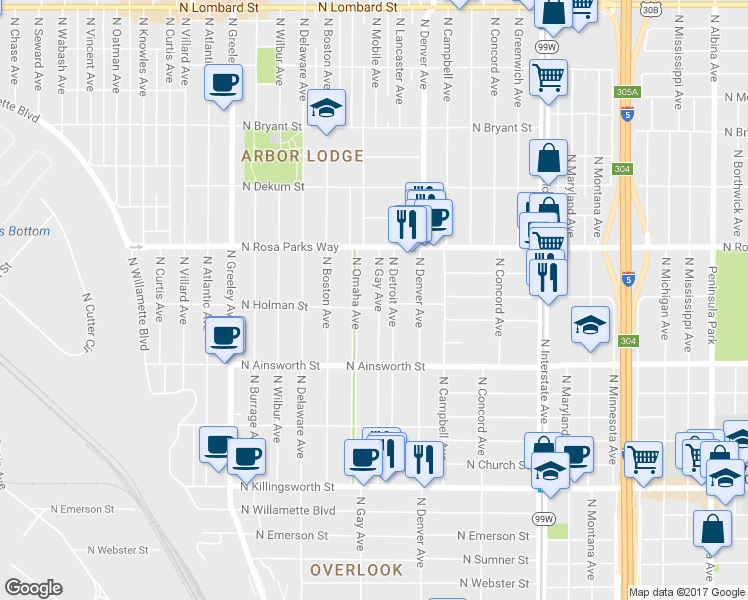 map of restaurants, bars, coffee shops, grocery stores, and more near 6323 North Gay Avenue in Portland