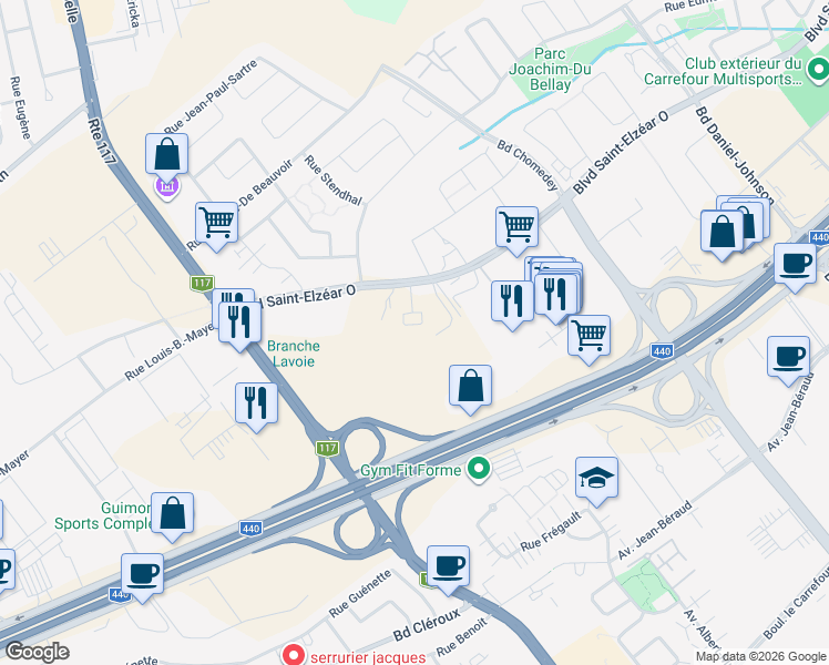 map of restaurants, bars, coffee shops, grocery stores, and more near 3720 Boulevard Saint-Elzéar Ouest in Laval