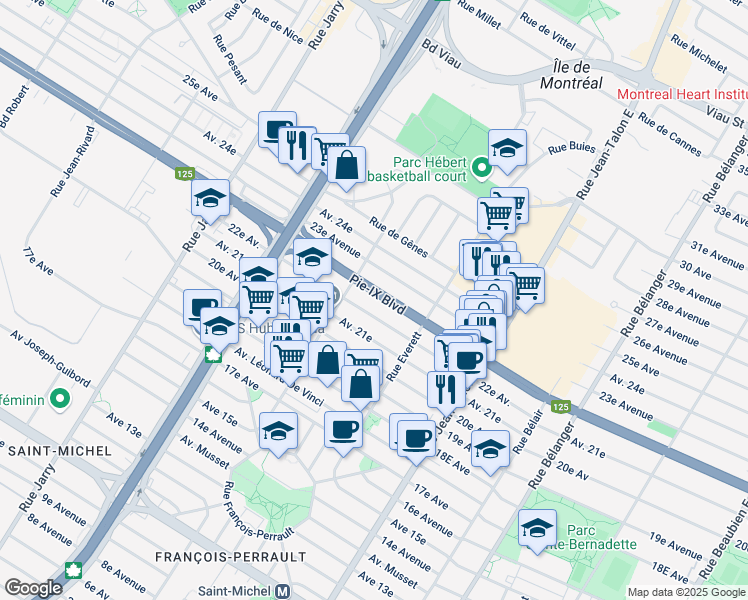 map of restaurants, bars, coffee shops, grocery stores, and more near in Montréal
