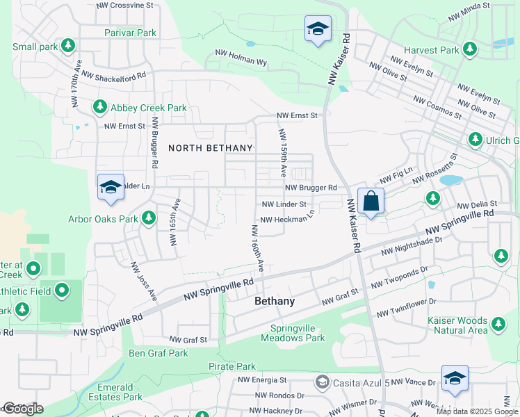 map of restaurants, bars, coffee shops, grocery stores, and more near 15986 Northwest Linder Street in Portland