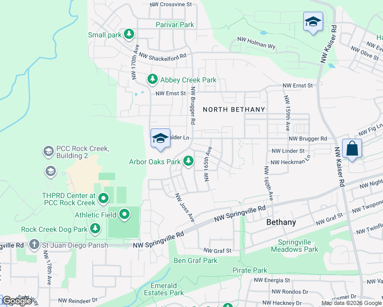 map of restaurants, bars, coffee shops, grocery stores, and more near 16620 Northwest Rossetta Street in Portland