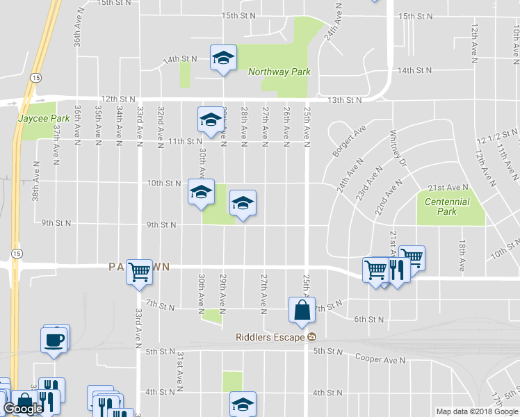 map of restaurants, bars, coffee shops, grocery stores, and more near 921 27th Avenue North in St. Cloud
