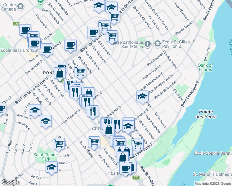 map of restaurants, bars, coffee shops, grocery stores, and more near 194 Rue Cousineau in Laval