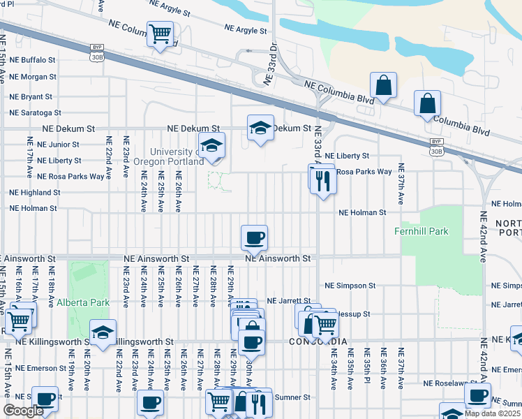 map of restaurants, bars, coffee shops, grocery stores, and more near 6309 Northeast 31st Avenue in Portland