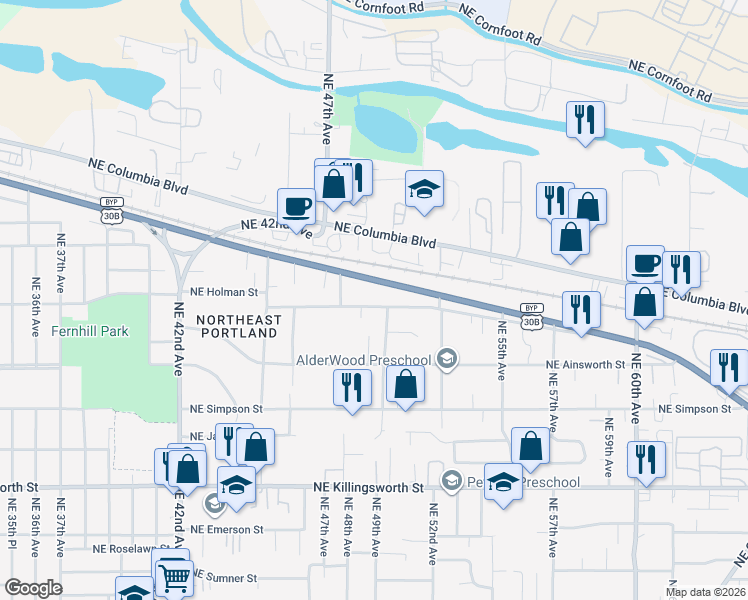 map of restaurants, bars, coffee shops, grocery stores, and more near 5006 Northeast Portland Highway in Portland