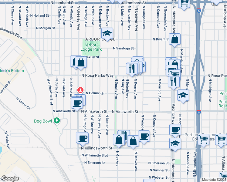 map of restaurants, bars, coffee shops, grocery stores, and more near 6324 North Boston Avenue in Portland