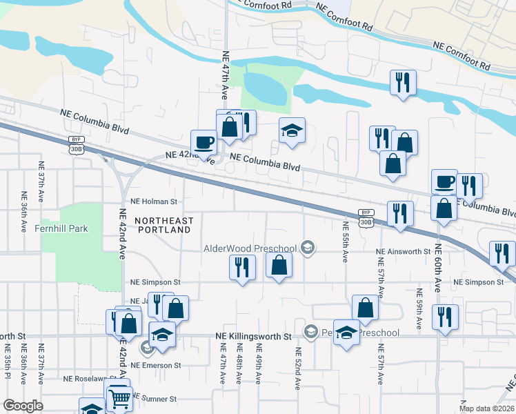 map of restaurants, bars, coffee shops, grocery stores, and more near 5006 Northeast Portland Highway in Portland
