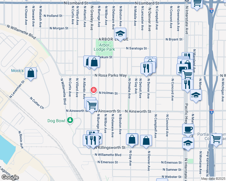 map of restaurants, bars, coffee shops, grocery stores, and more near 6315 North Delaware Avenue in Portland