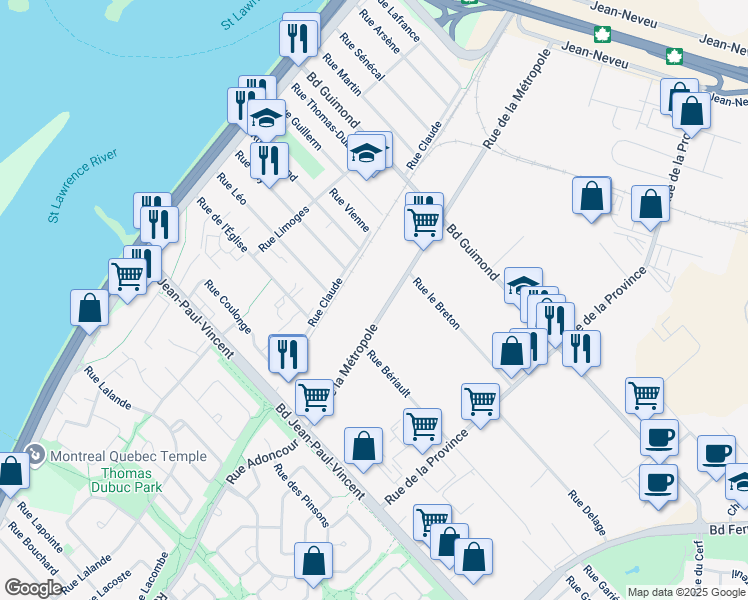 map of restaurants, bars, coffee shops, grocery stores, and more near 2085 Rue de la Métropole in Longueuil