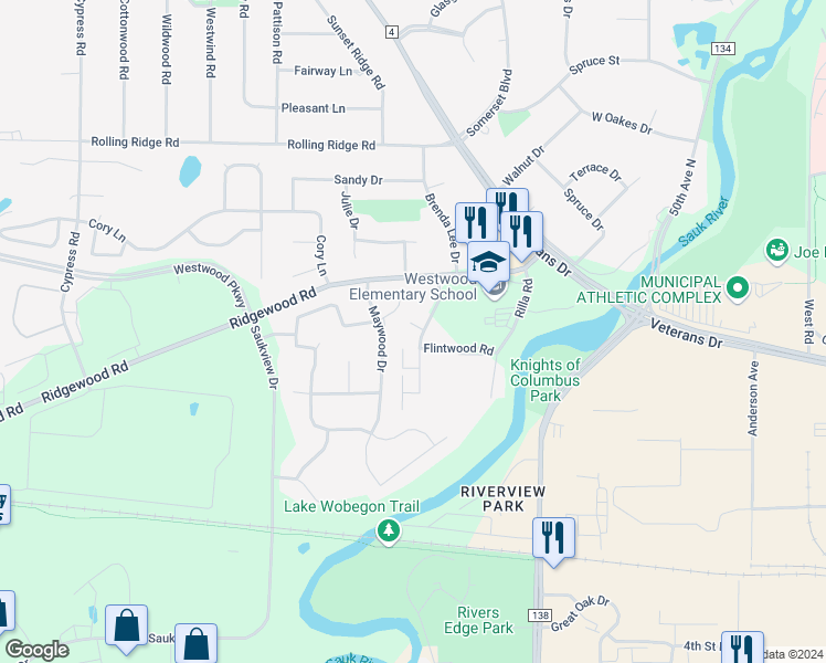 map of restaurants, bars, coffee shops, grocery stores, and more near 843 Driftwood Drive in St. Cloud