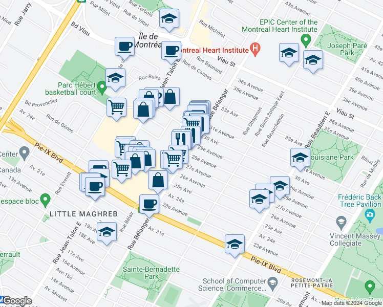 map of restaurants, bars, coffee shops, grocery stores, and more near 4446 Rue Bélanger in Montréal