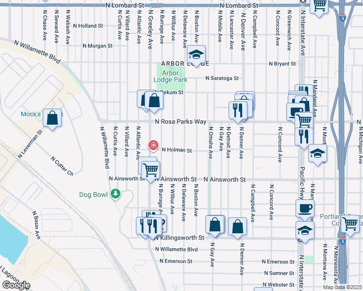 map of restaurants, bars, coffee shops, grocery stores, and more near 6315 North Delaware Avenue in Portland
