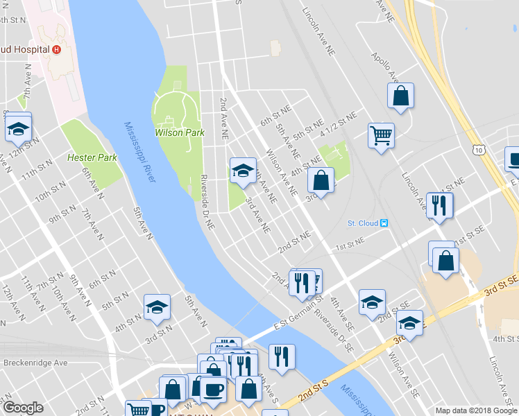 map of restaurants, bars, coffee shops, grocery stores, and more near 320 3rd Avenue Northeast in St. Cloud