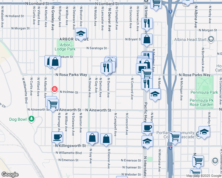 map of restaurants, bars, coffee shops, grocery stores, and more near 6314 North Denver Avenue in Portland