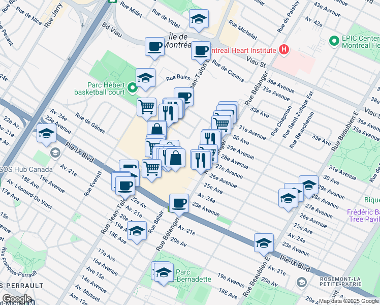 map of restaurants, bars, coffee shops, grocery stores, and more near 7050 27e Avenue in Montréal