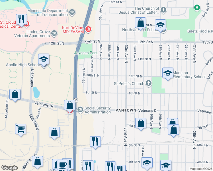 map of restaurants, bars, coffee shops, grocery stores, and more near 924 36th Avenue North in St. Cloud