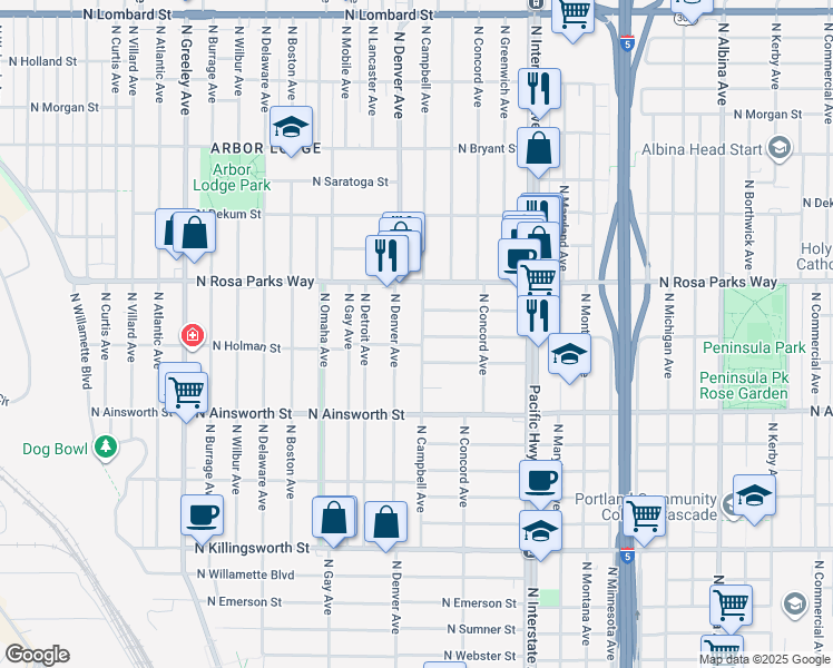 map of restaurants, bars, coffee shops, grocery stores, and more near 6315 North Campbell Avenue in Portland
