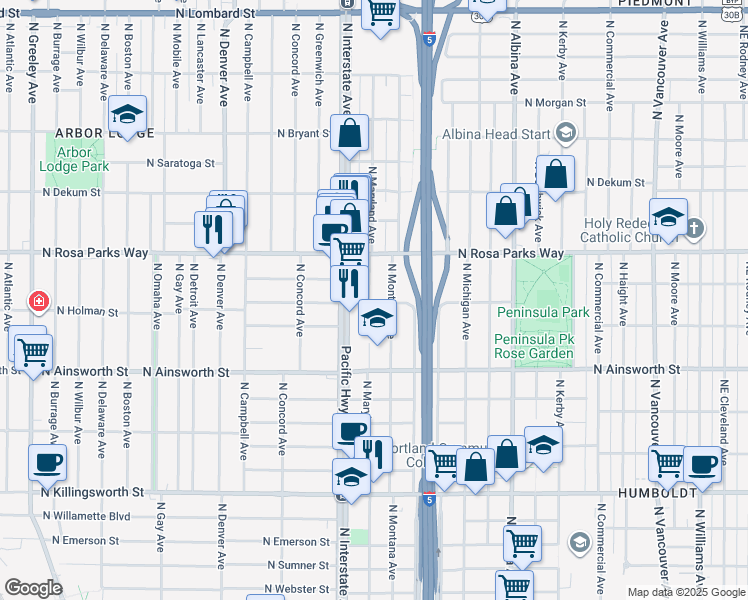 map of restaurants, bars, coffee shops, grocery stores, and more near 6305 North Montana Avenue in Portland