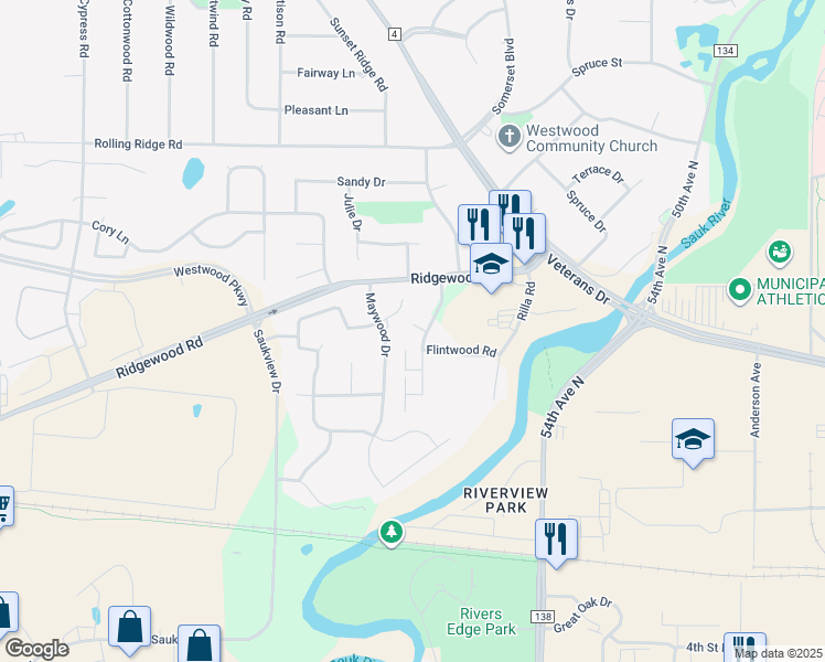 map of restaurants, bars, coffee shops, grocery stores, and more near 843 Driftwood Drive in St. Cloud