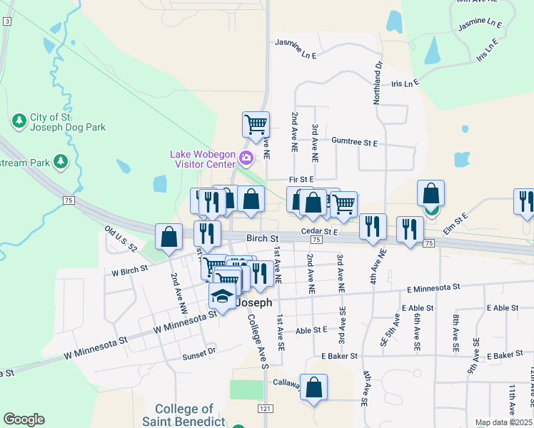 map of restaurants, bars, coffee shops, grocery stores, and more near 400 1st Avenue Northeast in Saint Joseph