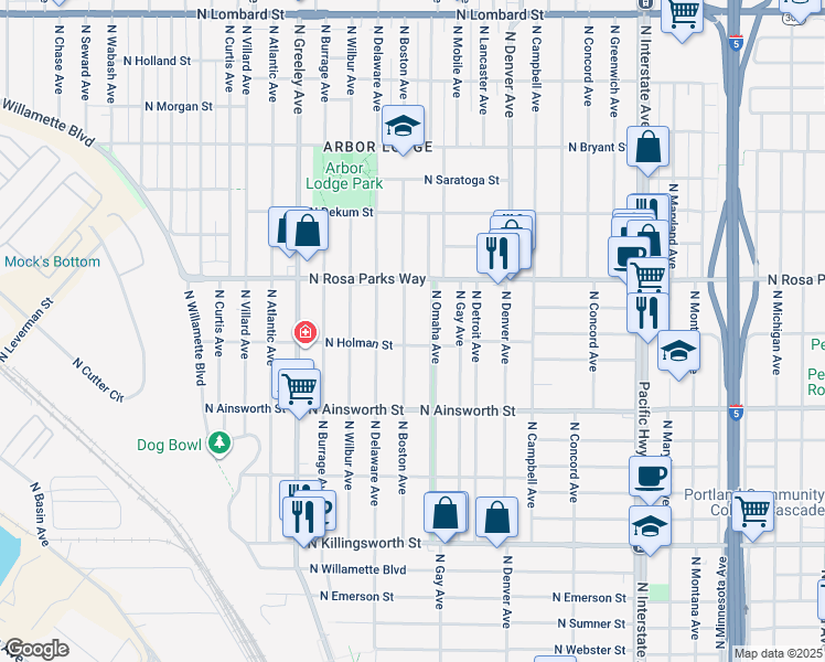 map of restaurants, bars, coffee shops, grocery stores, and more near 6324 North Boston Avenue in Portland
