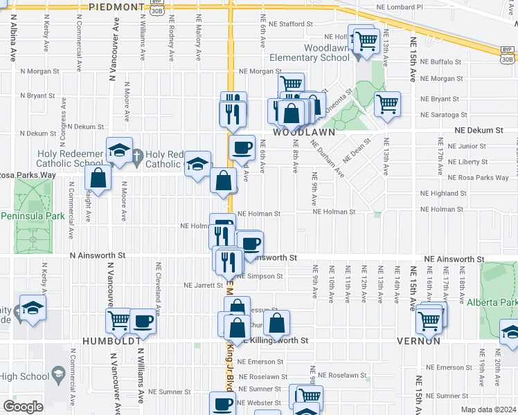 map of restaurants, bars, coffee shops, grocery stores, and more near 6317 Northeast 6th Avenue in Portland