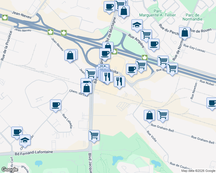 map of restaurants, bars, coffee shops, grocery stores, and more near 20 Boulevard de Mortagne in Boucherville