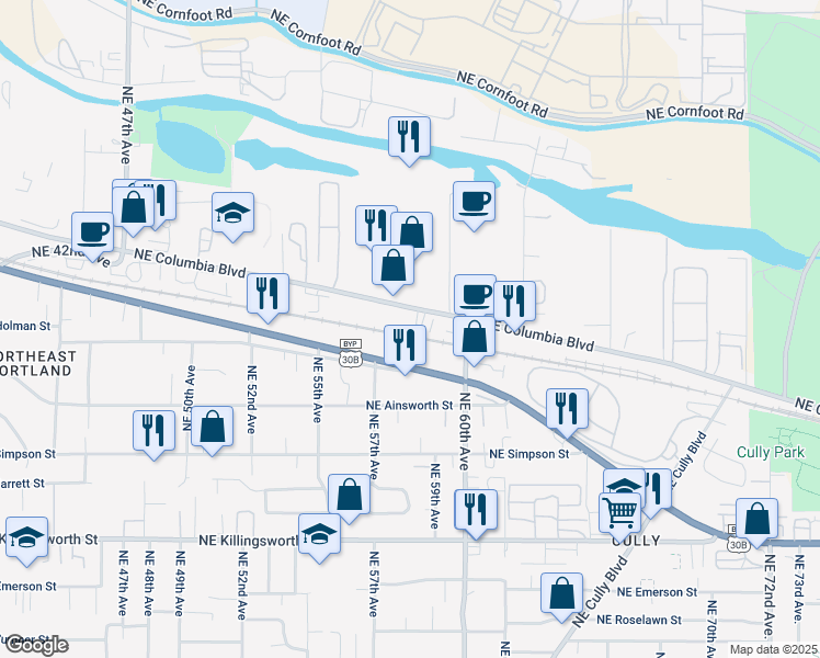 map of restaurants, bars, coffee shops, grocery stores, and more near 5838 Northeast Columbia Boulevard in Portland