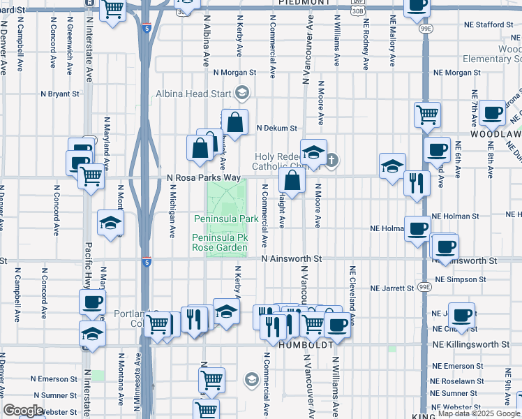 map of restaurants, bars, coffee shops, grocery stores, and more near 6349 North Commercial Avenue in Portland