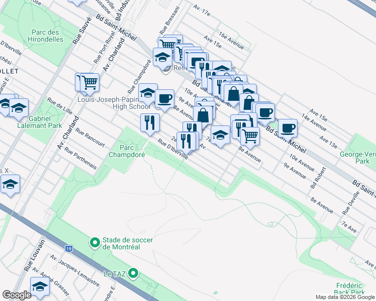 map of restaurants, bars, coffee shops, grocery stores, and more near 2703 Rue Legendre Est in Montréal