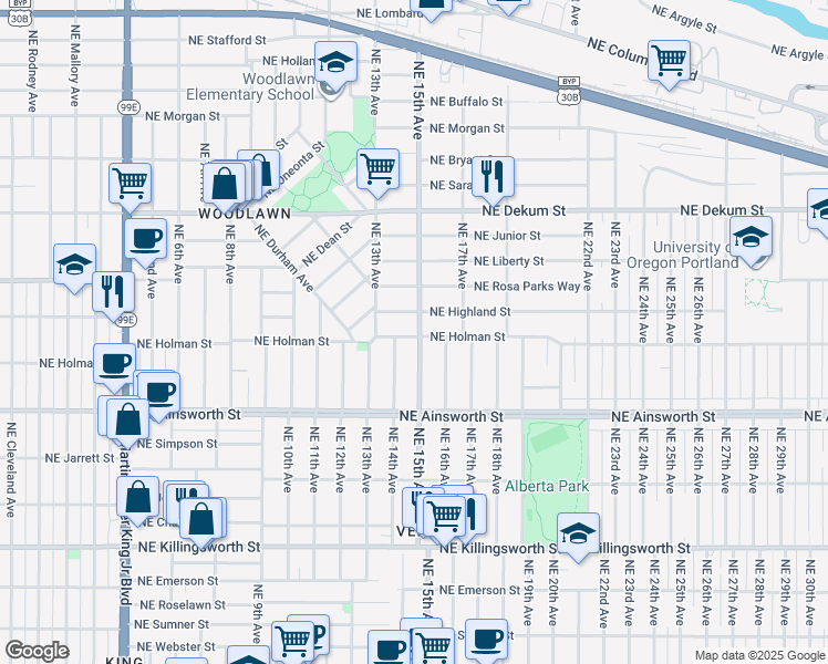 map of restaurants, bars, coffee shops, grocery stores, and more near 6307 Northeast 15th Avenue in Portland
