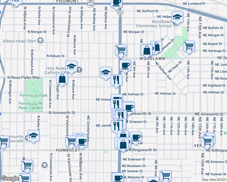 map of restaurants, bars, coffee shops, grocery stores, and more near 6356 Northeast Garfield Avenue in Portland