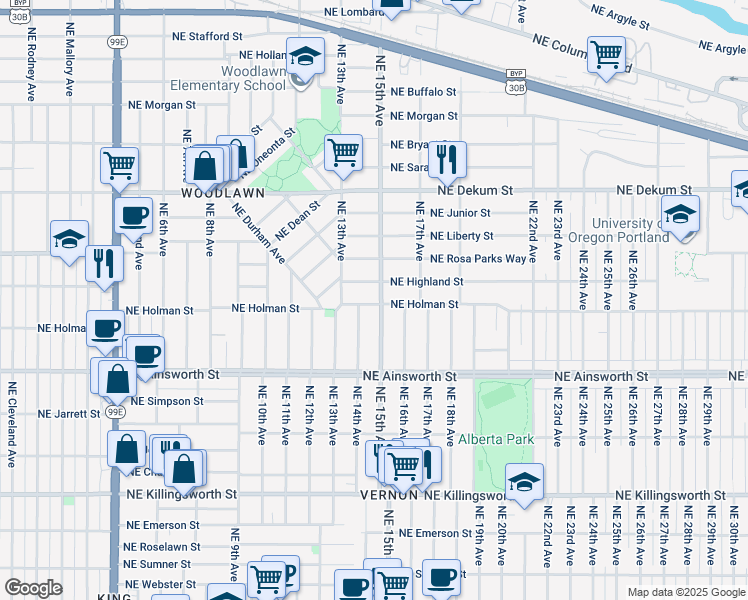 map of restaurants, bars, coffee shops, grocery stores, and more near 6307 Northeast 15th Avenue in Portland
