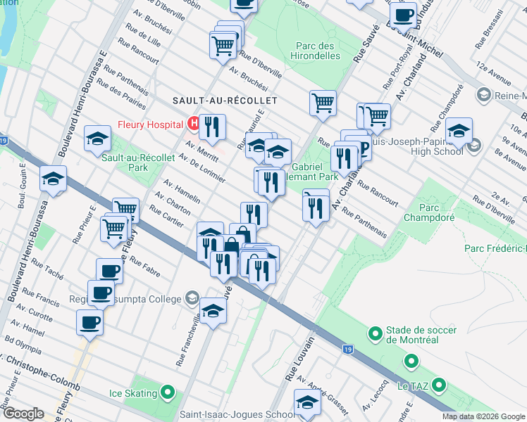 map of restaurants, bars, coffee shops, grocery stores, and more near 2075 Rue Sauvé Est in Montréal