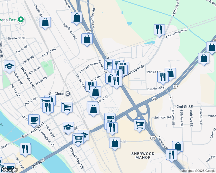 map of restaurants, bars, coffee shops, grocery stores, and more near 706 East Saint Germain Street in St. Cloud