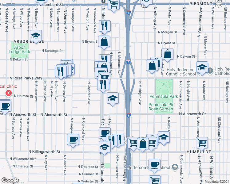 map of restaurants, bars, coffee shops, grocery stores, and more near 6305 North Montana Avenue in Portland